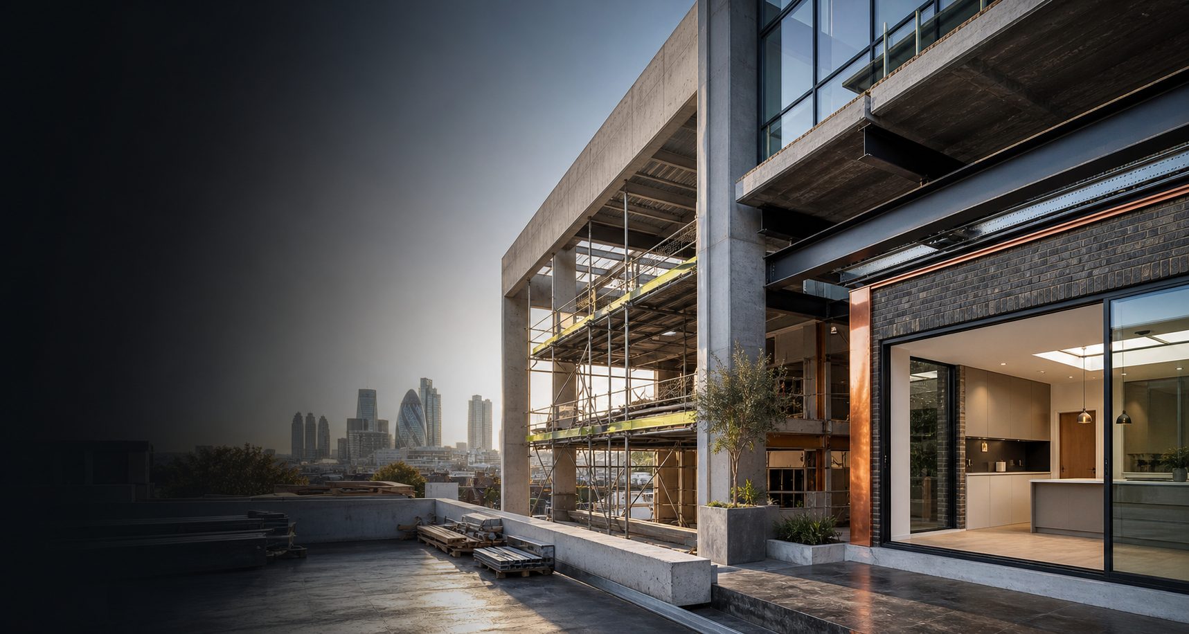 Modern construction development site with architectural framing