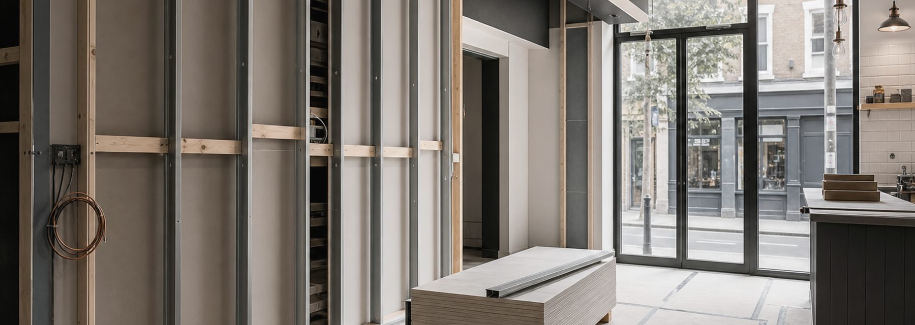 Construction service work on a modern building interior